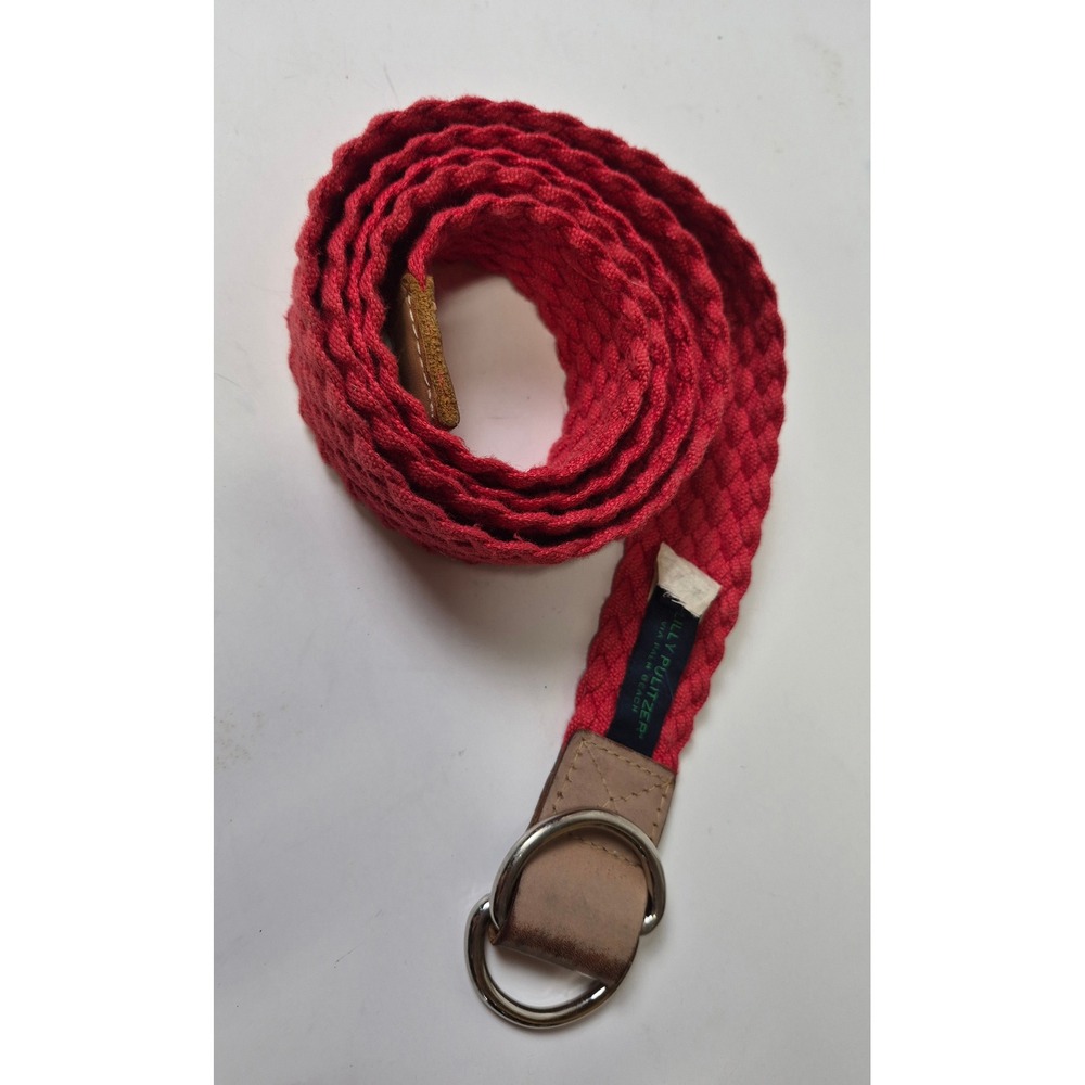 Lilly Pulitzer Red Braided Woven Belt Leather Trim D-Ring XL 54 Inch